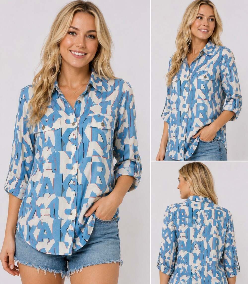 NWT Women’s Med Karl Lagerfeld Paris Essentials All-Over Logo Print Shirt